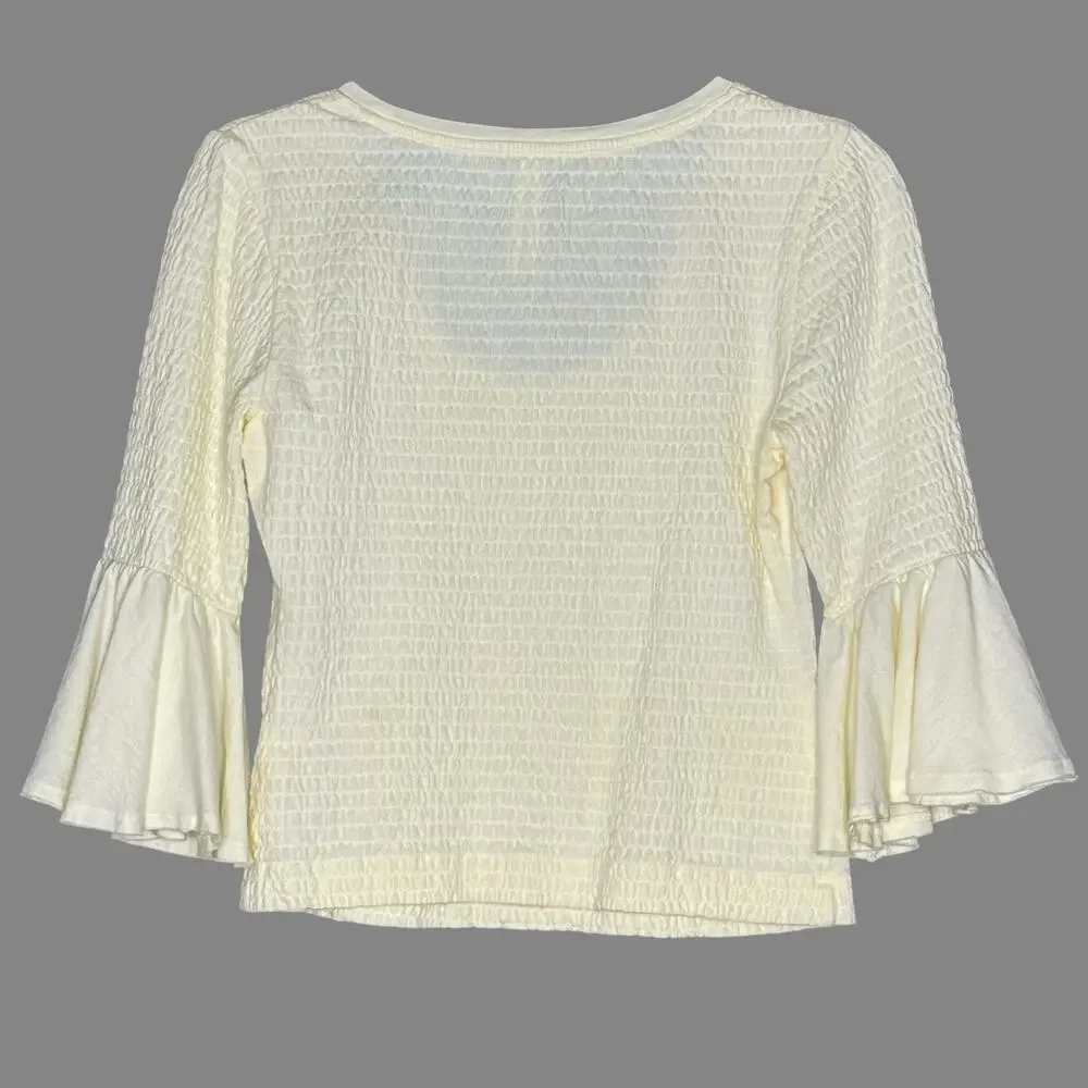 Anthropologie S Womens Smocked Bell Sleeve Top Scoop Neck Classic Cream
